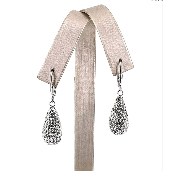 Vintage Silver Plated Crystal Pave Satin Teardrop Lever Wire Earrings - Picture 2 of 5